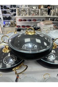 LeesHome Armoni Cam Kapaklı Granit 32 cm Basık Tencere