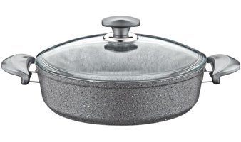 Oms Collection 514995 Cam Kapaklı Granit 32 cm Basık Tencere Gri