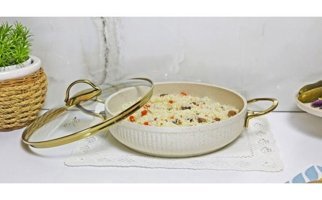 Evita İstiridye Gold Cam Kapaklı Granit 28 cm Basık Tencere