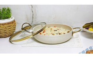 Evita İstiridye Gold Cam Kapaklı Granit 30 cm Basık Tencere