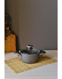 Oms Collection Cam Kapaklı Granit 18 cm Derin Tencere Siyah