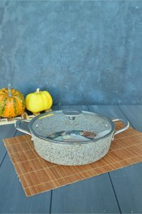 Oms Collection İndüksiyon Cam Kapaklı Granit 24 cm Basık Tencere