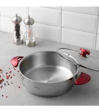 Hisar Lizbon Ideal İndüksiyon Cam Kapaklı Çelik 24 cm Basık Tencere Kırmızı