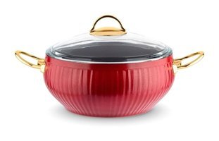 Lines Gold Cam Kapaklı Granit 28 cm Derin Tencere Kırmızı