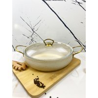Evita Eco Gold Cam Kapaklı Granit 26 cm Derin Tencere Krem