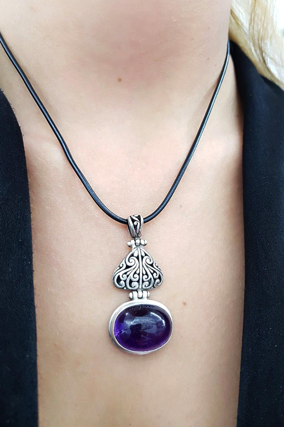 Oseshop Taş İşlemeli Ametist Taşlı Forse Zincir Kadın Gümüş Kolye 45 cm