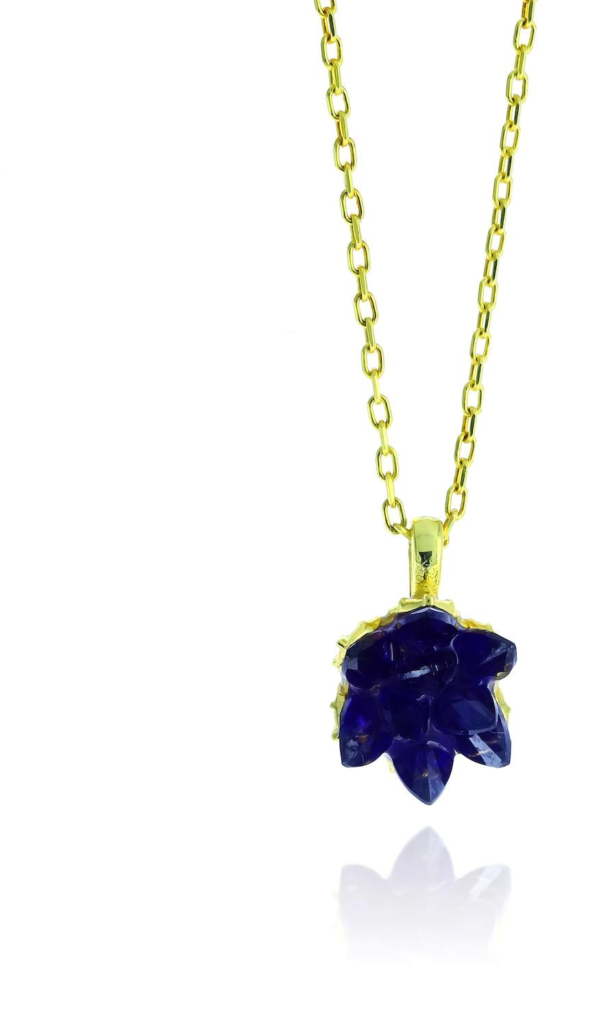 Sahra Gümüş Taş İşlemeli Lacivert Safir Taşlı Altın Kaplama Lotus Düz Zincir Kadın Gümüş Kolye 45 cm