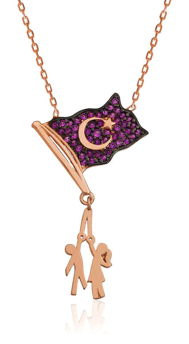 Lucky Life Çocuk Figürlü Mor Zirkon Taşlı 925 Ayar Kararmayan Forse Zincir Kadın Gümüş Kolye 45 cm