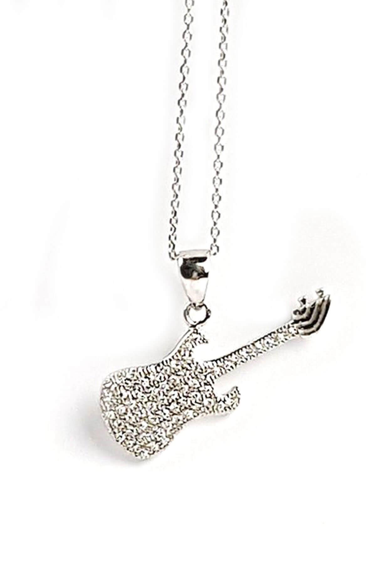 Oseshop Gitarlı Beyaz Zirkon Taşlı Forse Zincir Kadın Gümüş Kolye 45 cm