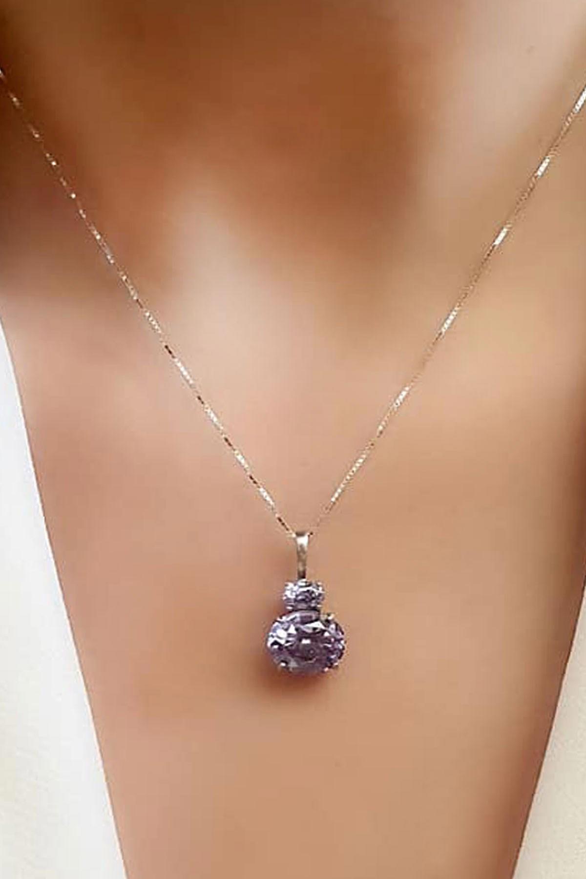 Oseshop Mor Aleksandrit Taşlı 925 Ayar Kararmayan Zincir İtalyan Zincir Kadın Gümüş Kolye 45 cm