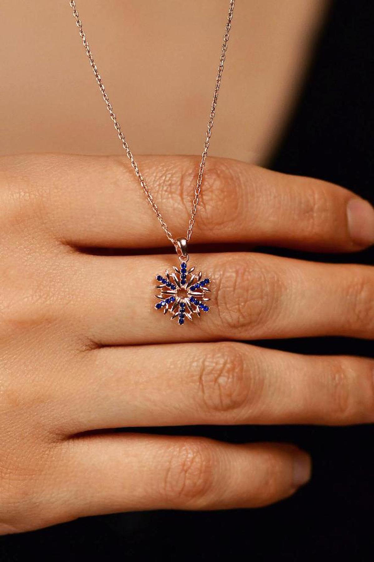 Roza Silver Kar Taneli Lacivert Safir Taşlı Düz Zincir Kadın Gümüş Kolye 45 cm