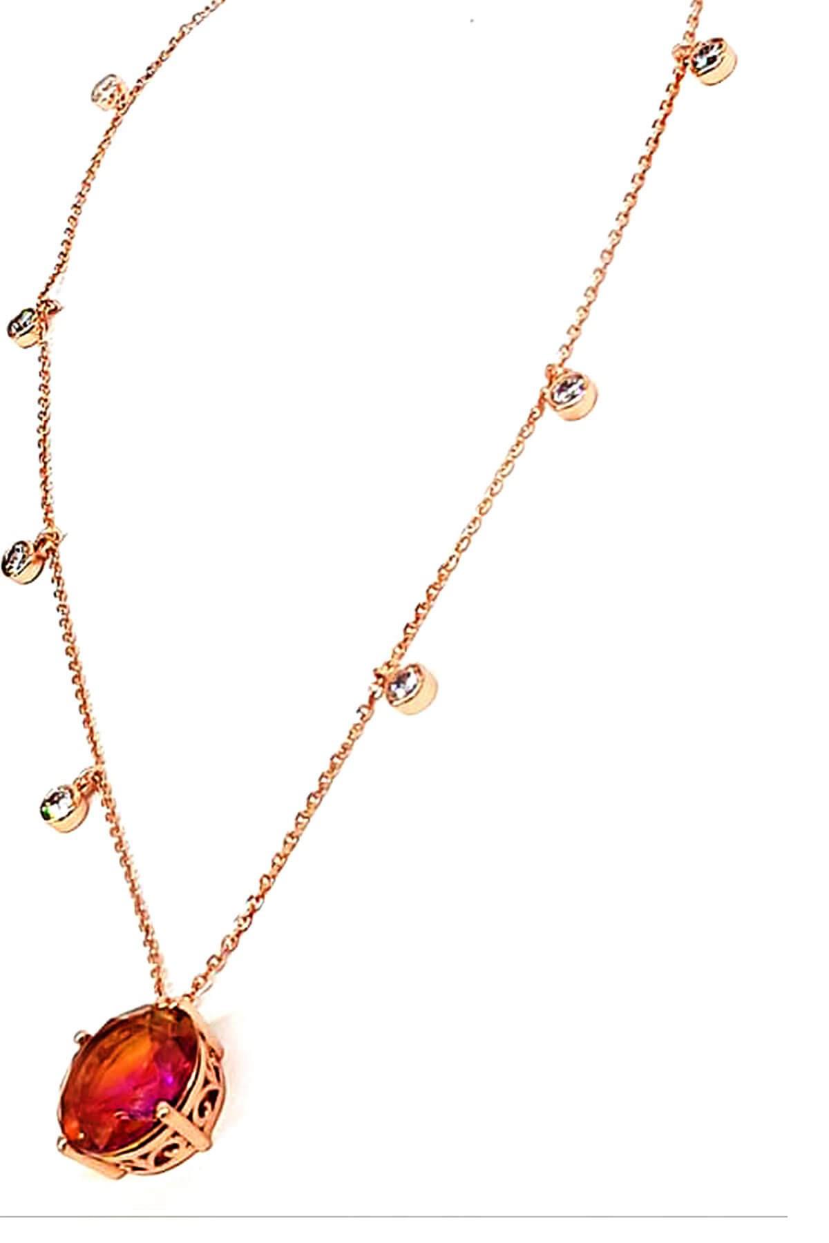 Oseshop Taş İşlemeli Çok Renkli Zirkon Taşlı Forse Zincir Kadın Gümüş Kolye 45 cm