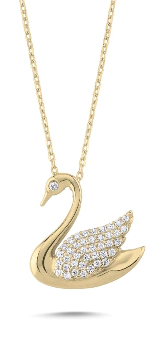 Kutaydan Kuğulu Beyaz Zirkon Taşlı Altın Kaplama Forse Zincir Kadın Gümüş Kolye 45 cm