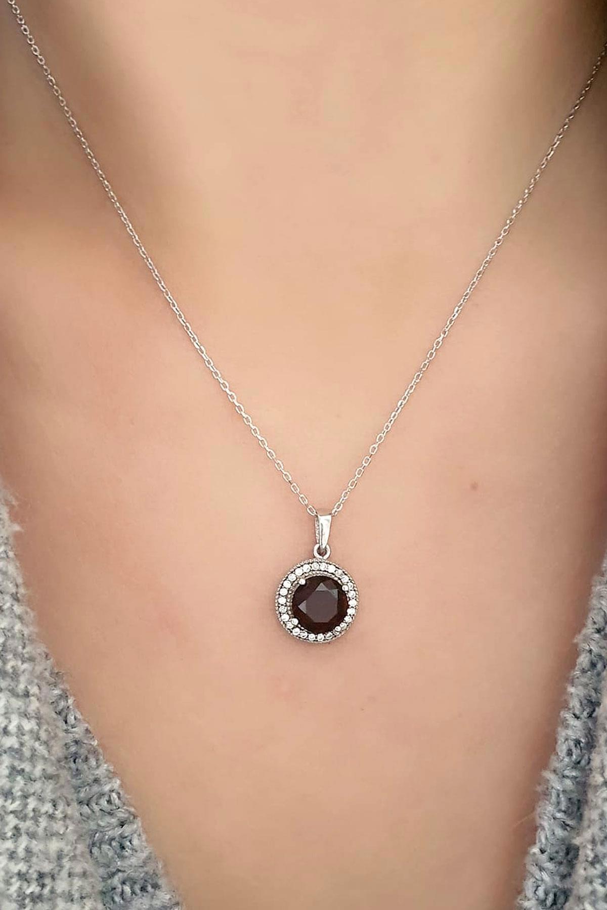 Oseshop Taş İşlemeli Beyaz-Bordo Zirkon Taşlı 925 Ayar Kararmayan Forse Zincir Kadın Gümüş Kolye 45 cm