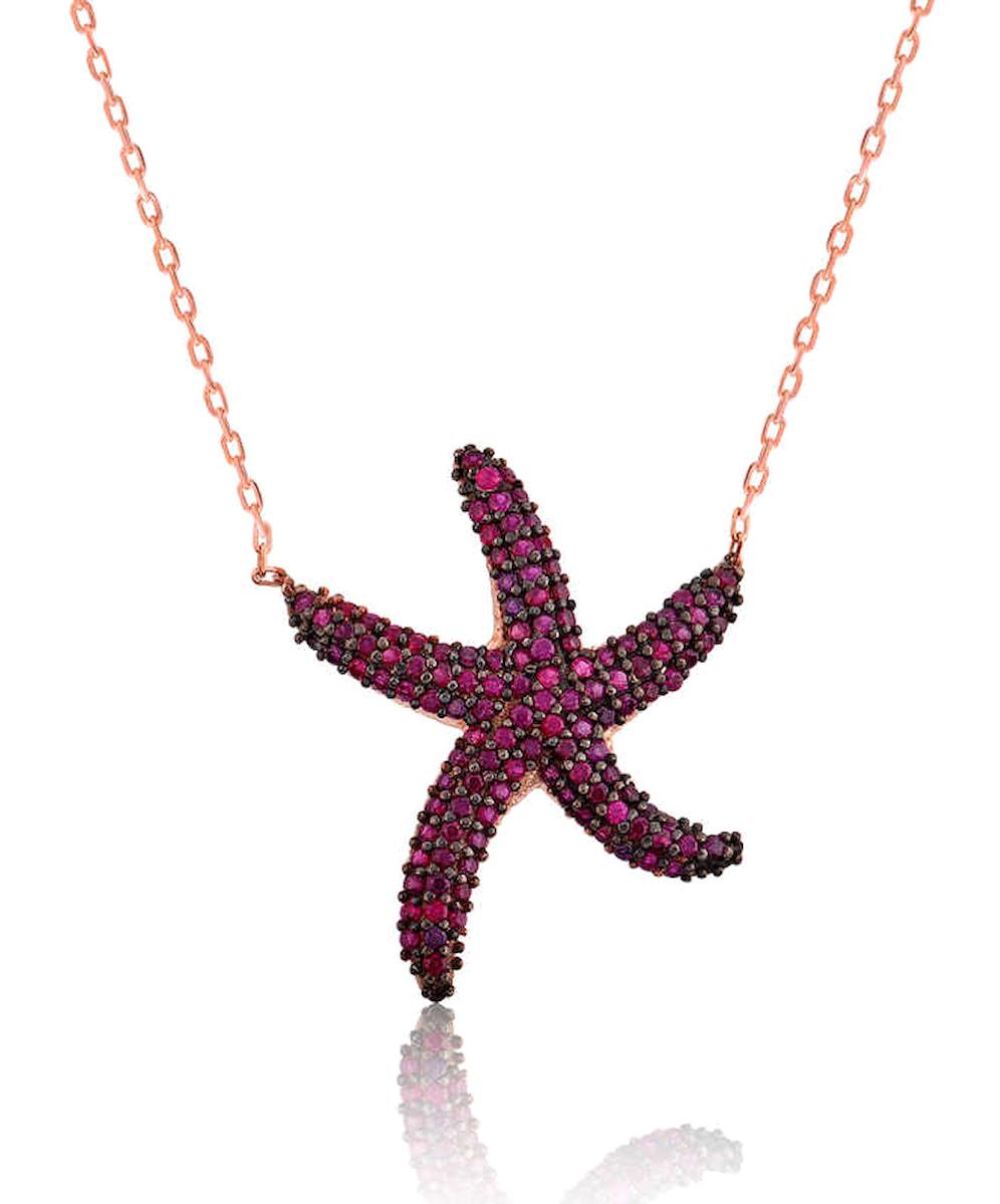 Lucky Life Yıldızlı Pembe Zirkon Taşlı 925 Ayar Kararmayan Forse Zincir Kadın Gümüş Kolye 45 cm