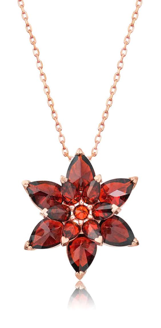 Lucky Life Çiçekli Kırmızı Zirkon Taşlı 925 Ayar Kararmayan Lotus Halat Zincir Kadın Gümüş Kolye 45 cm