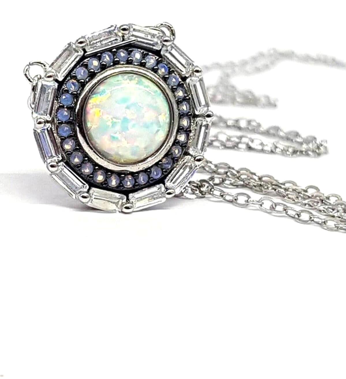 Oseshop Taş İşlemeli Mavi Opal Taşlı İtalyan Zincir Kadın Gümüş Kolye 45 cm