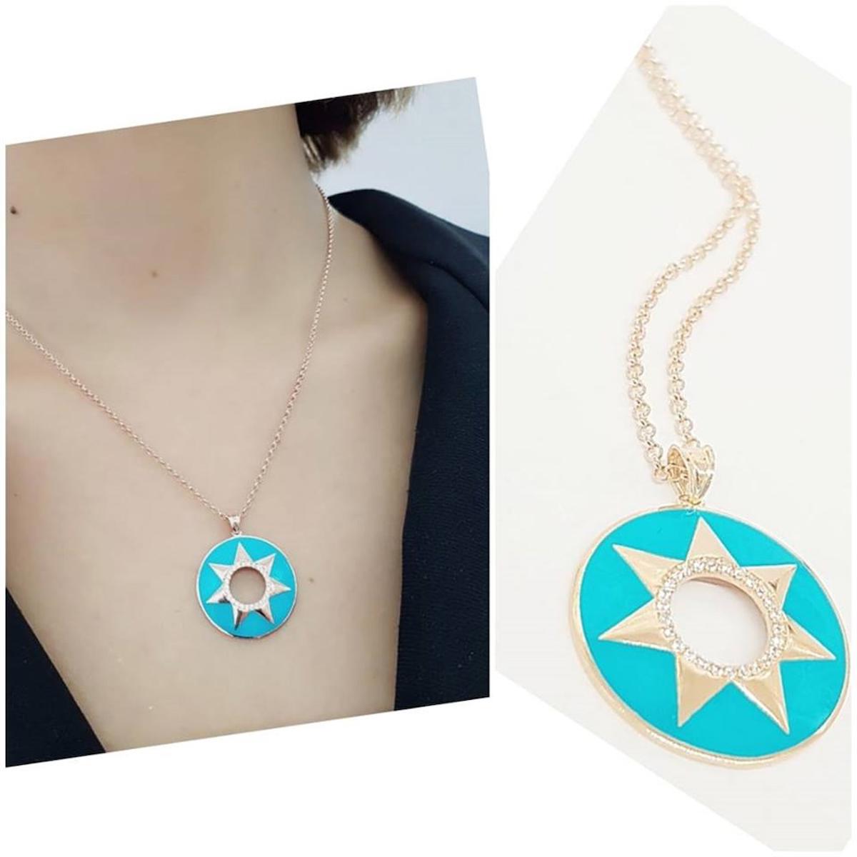 Oseshop Güneş Mavi Mineli Taşlı Zincir Forse Zincir Kadın Gümüş Kolye 45 cm