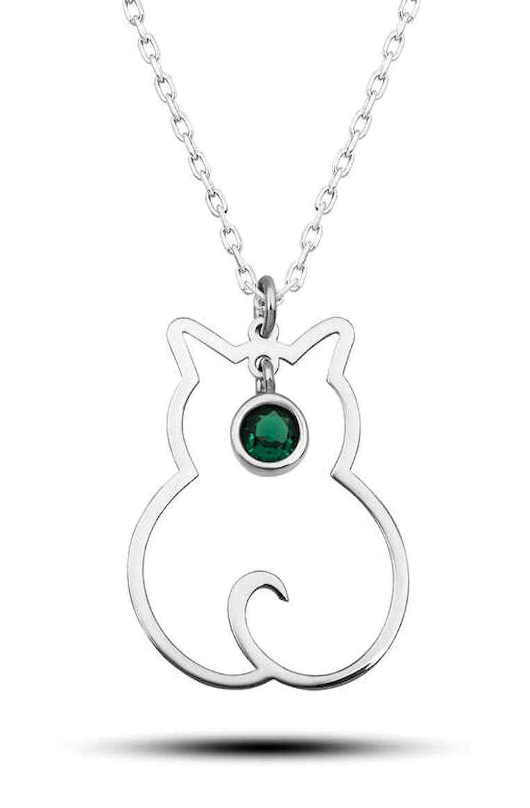 Lucky Life Kedili Yeşil Zirkon Taşlı 925 Ayar Kararmayan Halat Zincir Kadın Gümüş Kolye 45 cm