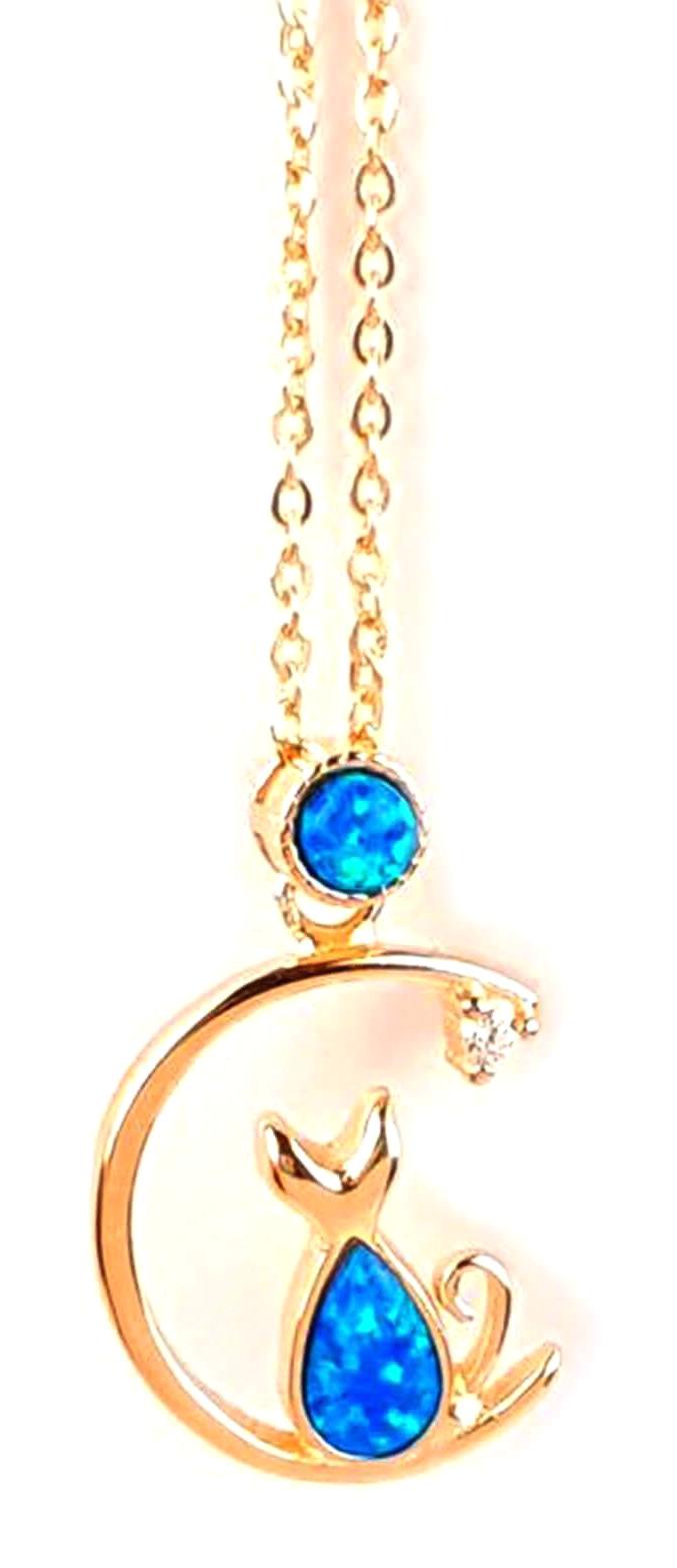 Oseshop Kedili Mavi Opal Taşlı Forse Zincir Kadın Gümüş Kolye 45 cm