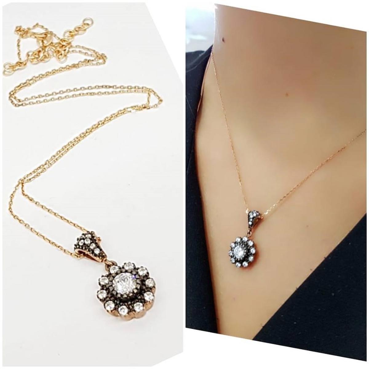 Oseshop Gül Beyaz Zirkon Taşlı Forse Zincir Kadın Gümüş Kolye 45 cm