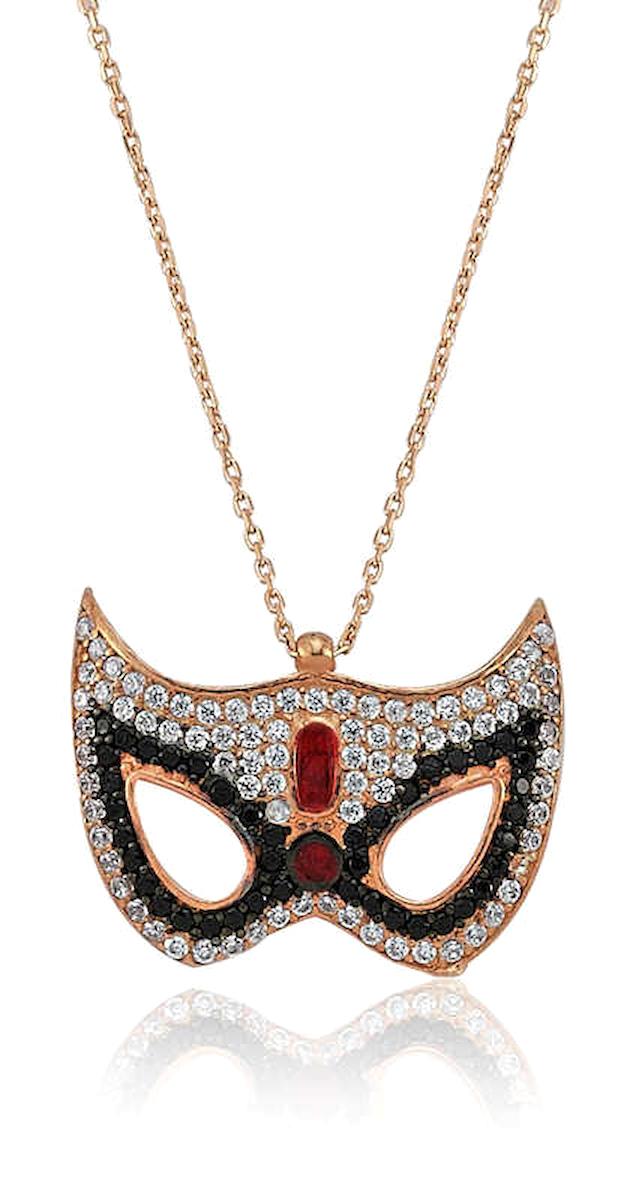 Lucky Life Maske Beyaz - Siyah Zirkon Taşlı 925 Ayar Kararmayan Forse Zincir Kadın Gümüş Kolye 45 cm