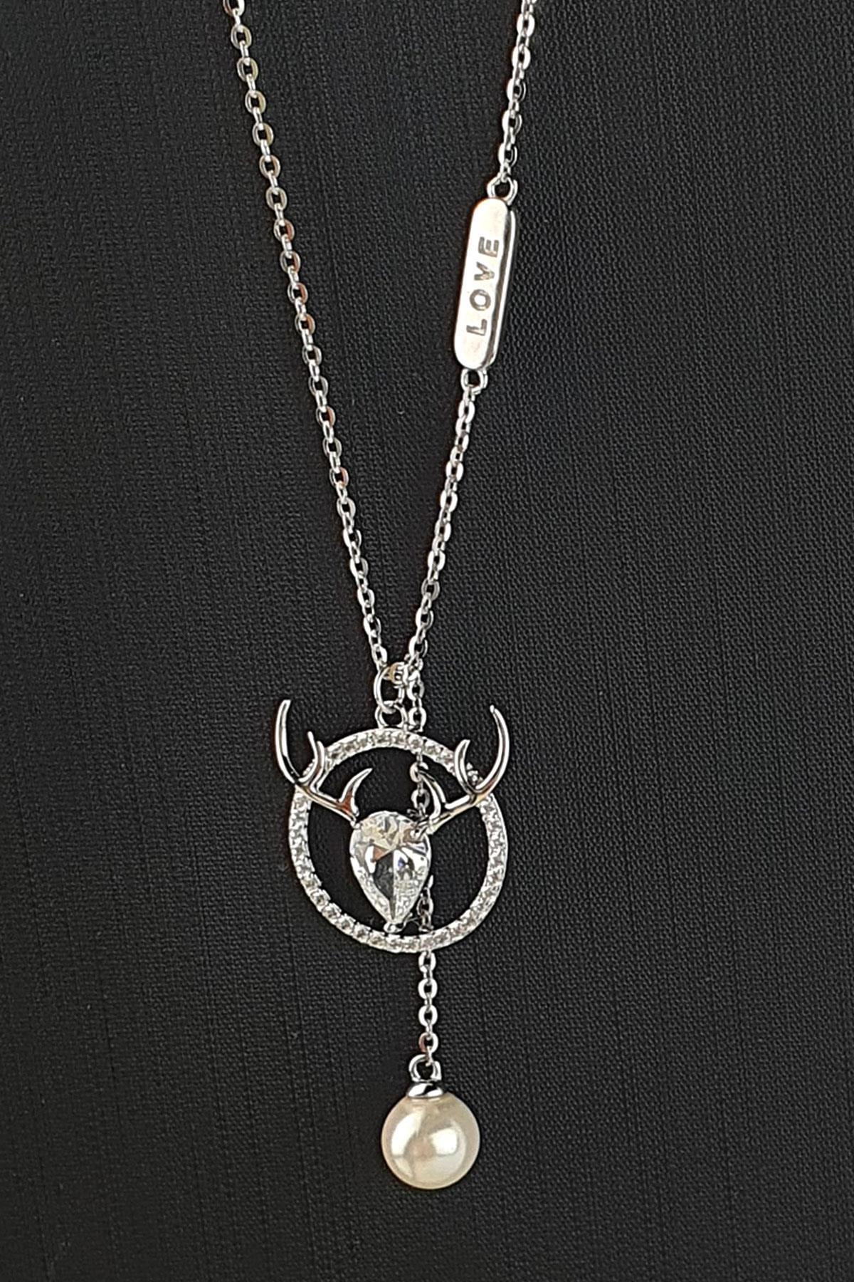 Oseshop İncili Beyaz Zirkon Taşlı 925 Ayar Kararmayan Forse Zincir Kadın Gümüş Kolye 45 cm
