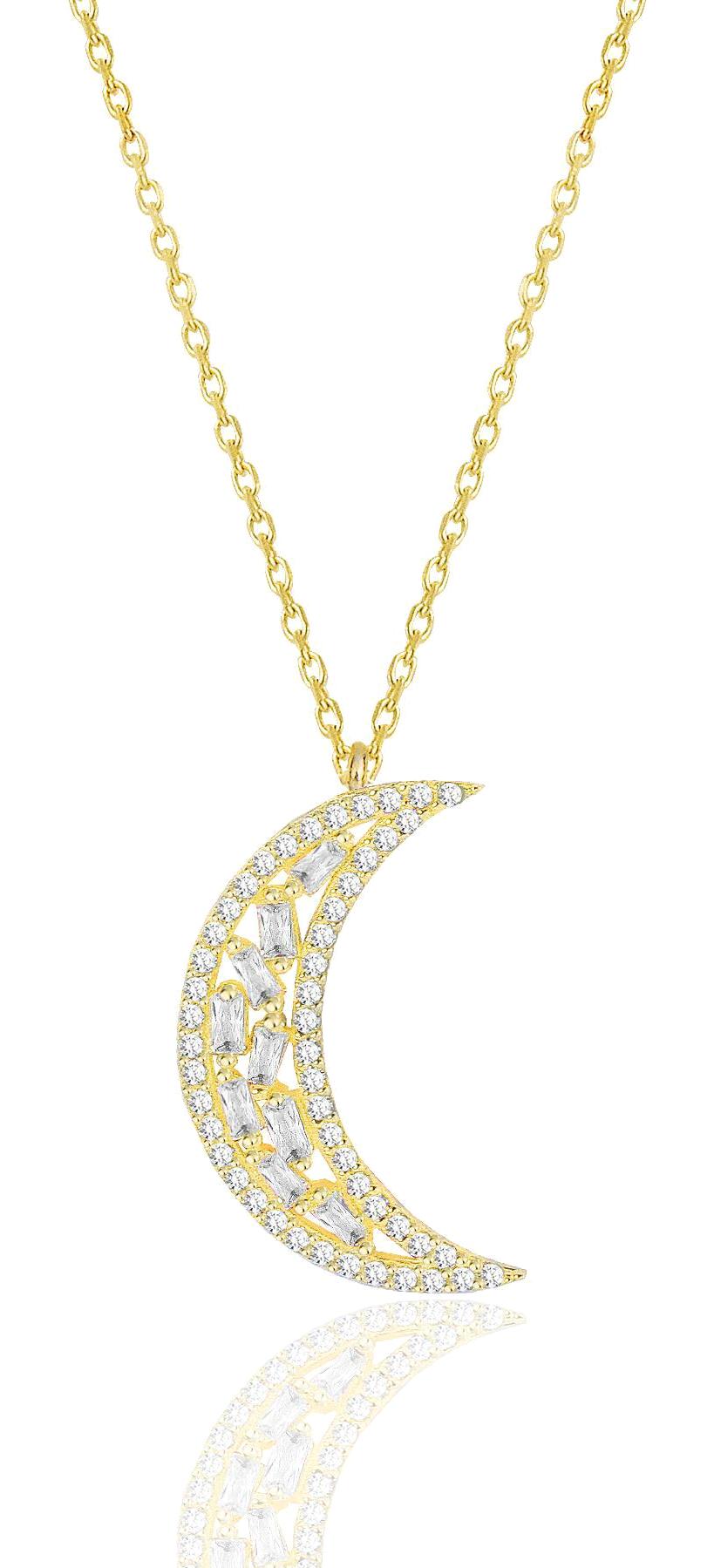 Söğütlü Silver Hilal Zirkon Taşlı Baget Forse Zincir Kadın Gümüş Kolye 45 cm