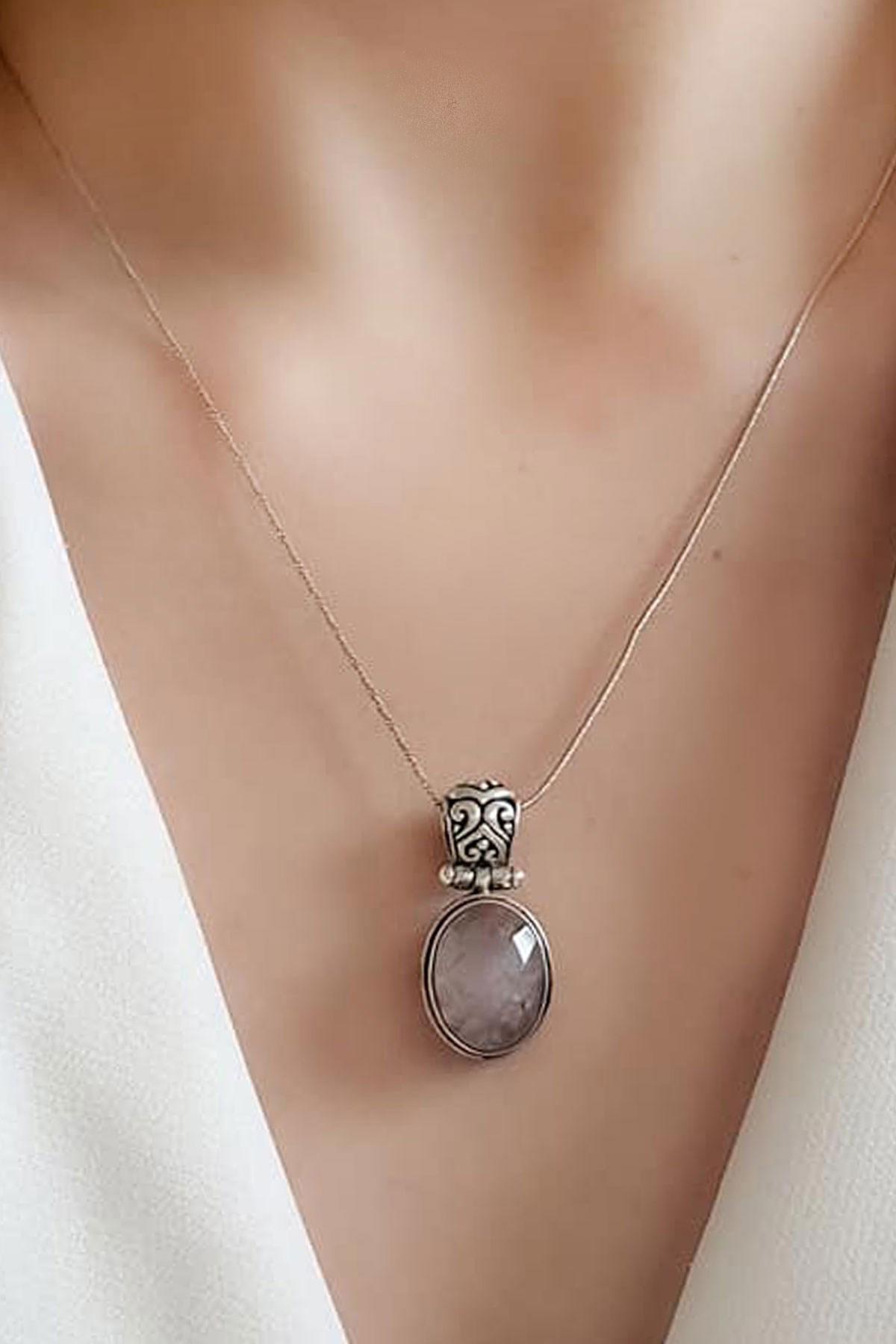 Oseshop Yuvarlak Pembe Kuvars Taşlı Forse Zincir Kadın Gümüş Kolye 50 cm