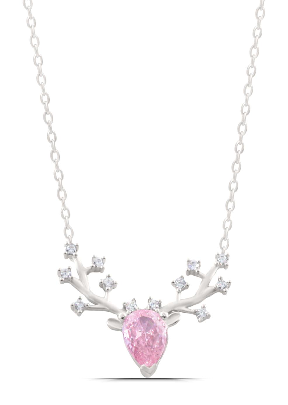Parmas Design Ren Geyiği Pembe Zirkon Taşlı 925 Ayar Kararmayan Zincir Forse Zincir Kadın Gümüş Kolye 46 cm