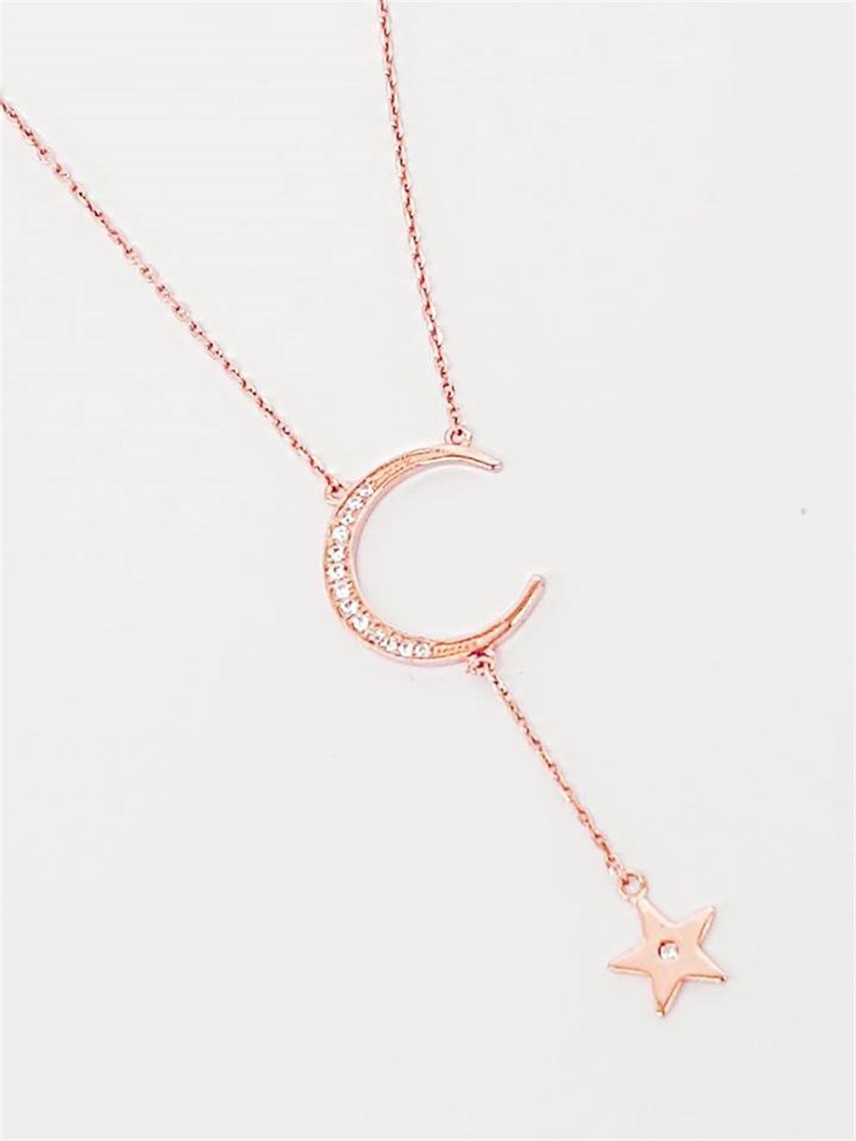Oseshop Ay Yıldızlı Beyaz Zirkon Taşlı Forse Zincir Kadın Gümüş Kolye 45 cm