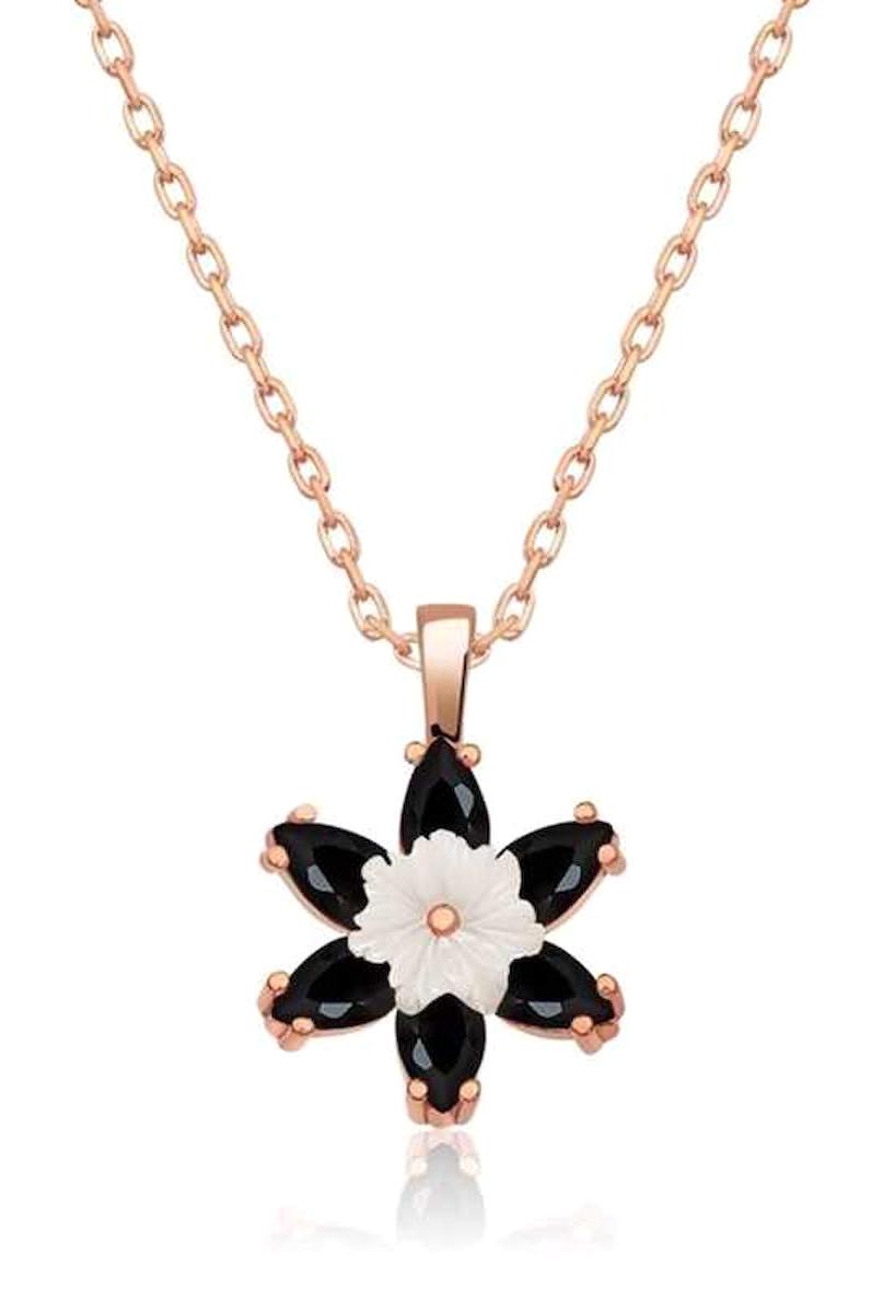 Lucky Life Çiçekli Siyah 925 Ayar Kararmayan Lotus Halat Zincir Kadın Gümüş Kolye 45 cm