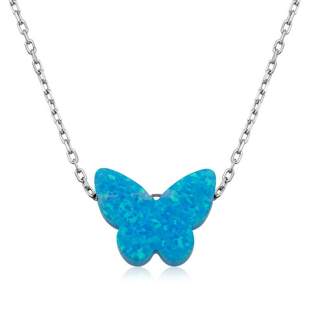 Lucky Life Kelebekli Mavi Opal Taşlı 925 Ayar Kararmayan Forse Zincir Kadın Gümüş Kolye 45 cm