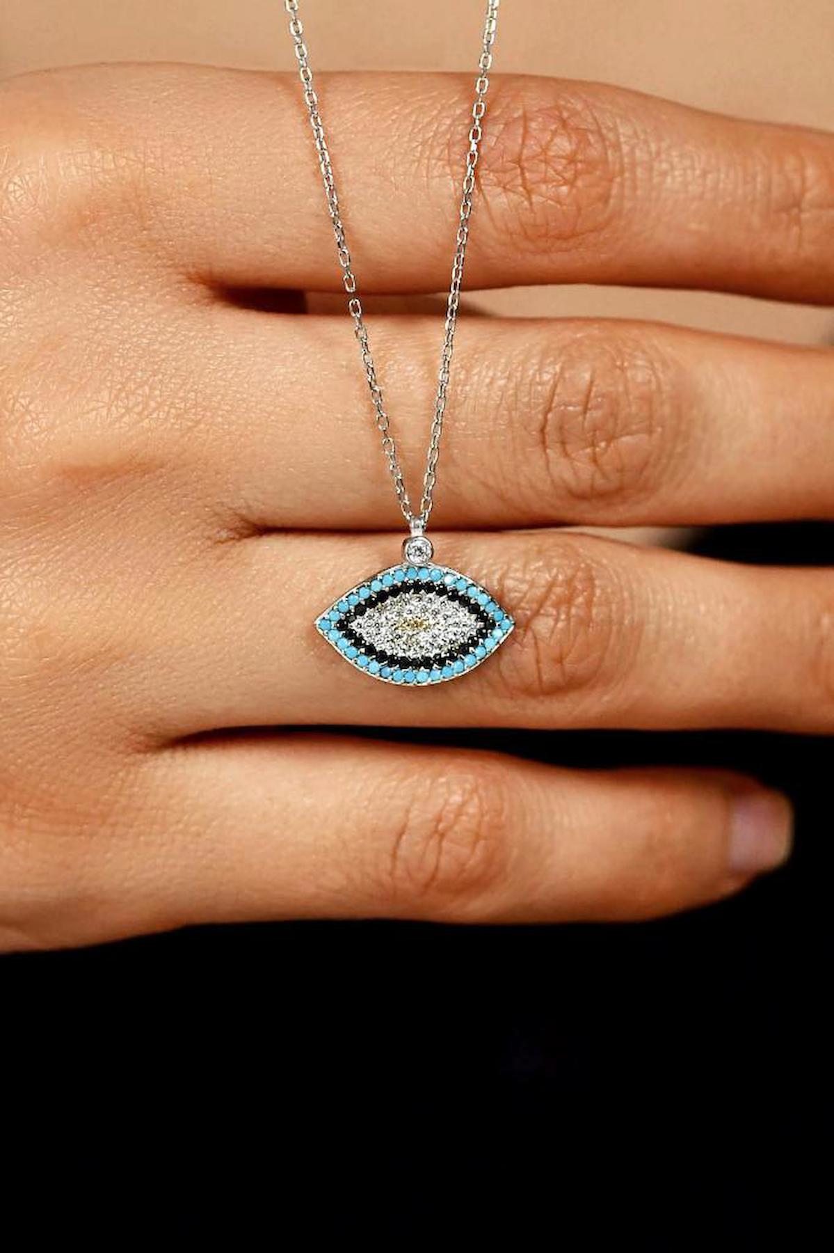 Roza Silver Nazar Boncuklu Çok Renkli Zirkon Taşlı Düz Zincir Kadın Gümüş Kolye 45 cm
