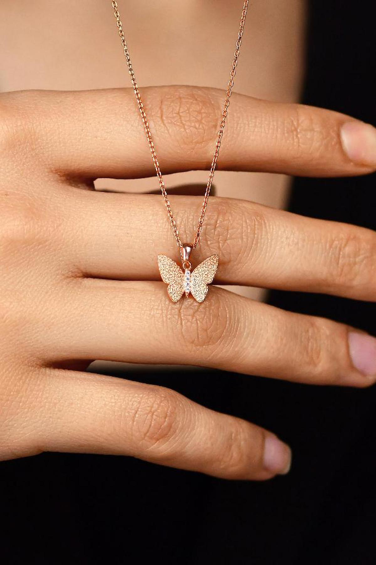 Roza Silver Kelebekli Beyaz Zirkon Taşlı Zincir Forse Zincir Kadın Gümüş Kolye 45 cm