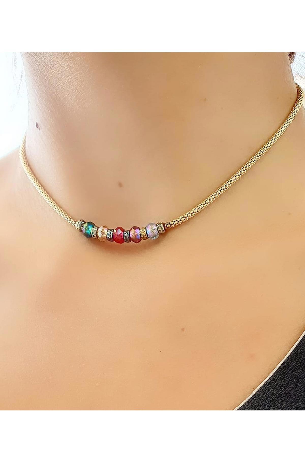 Oseshop Geometrik Beyaz Swarovski Taşlı 925 Ayar Altın Kaplama Kararmayan Forse Zincir Kadın Gümüş Kolye 45 cm