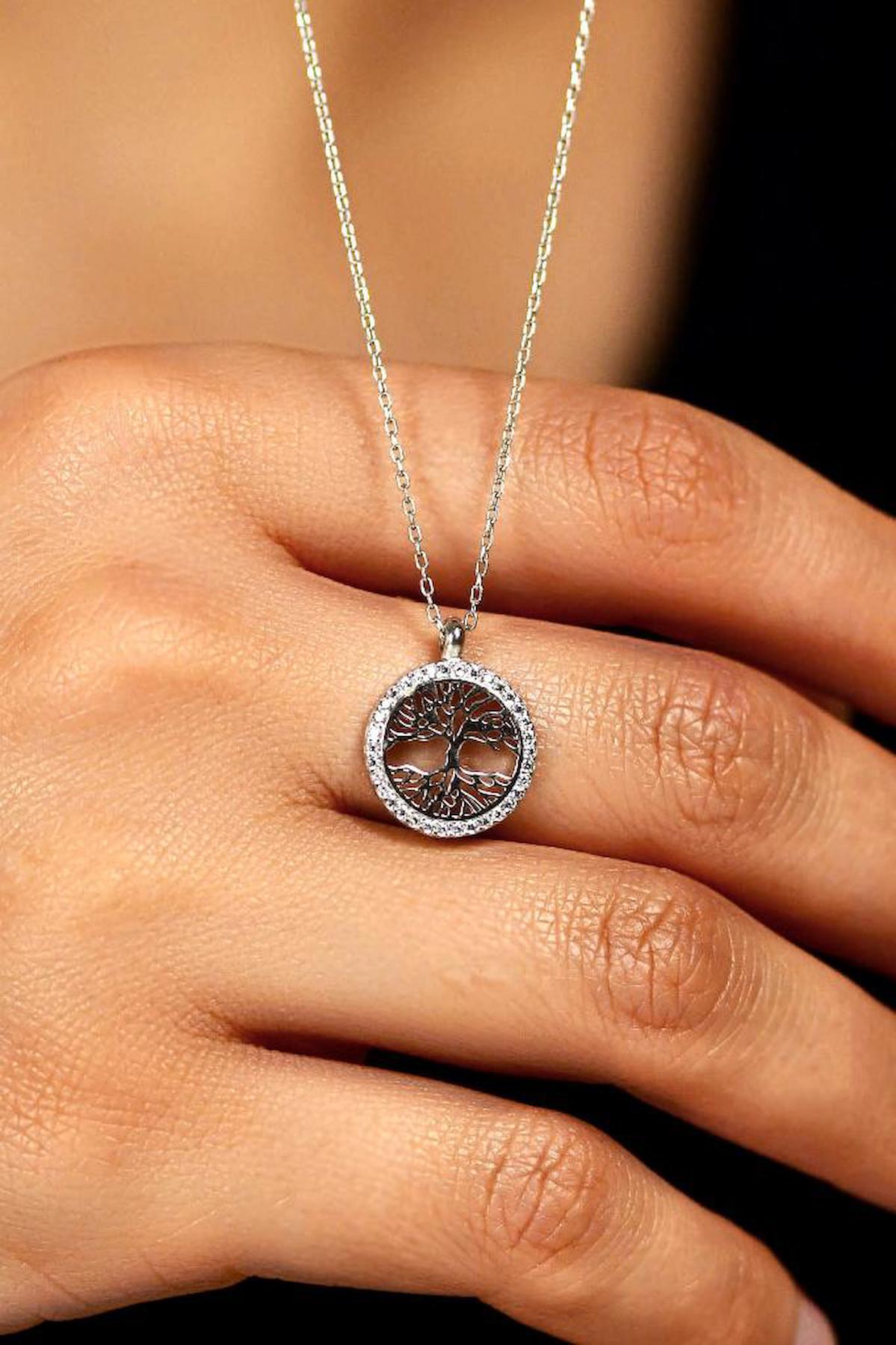 Roza Silver Ağaçlı Beyaz Zirkon Taşlı Zincir Forse Zincir Kadın Gümüş Kolye 45 cm