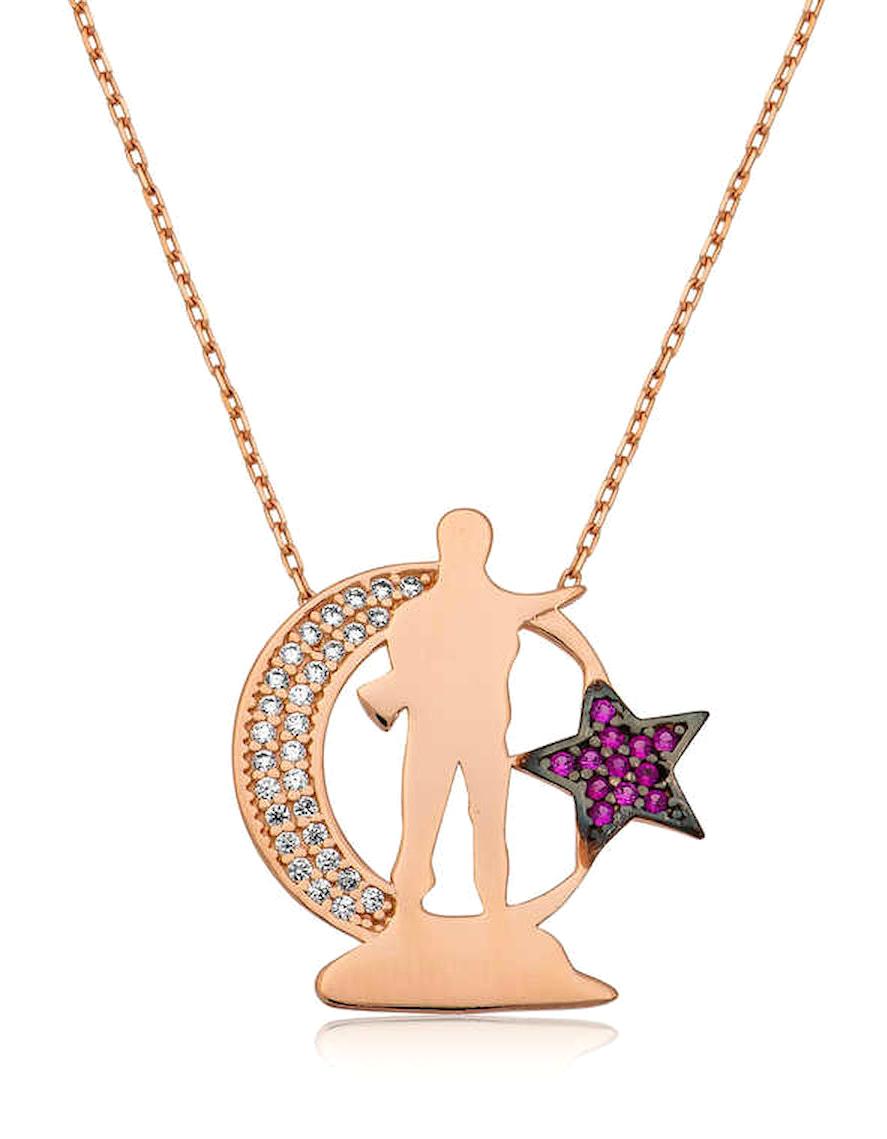 Lucky Life Ay Yıldızlı Beyaz-Pembe Zirkon Taşlı 925 Ayar Kararmayan Forse Zincir Kadın Gümüş Kolye 45 cm
