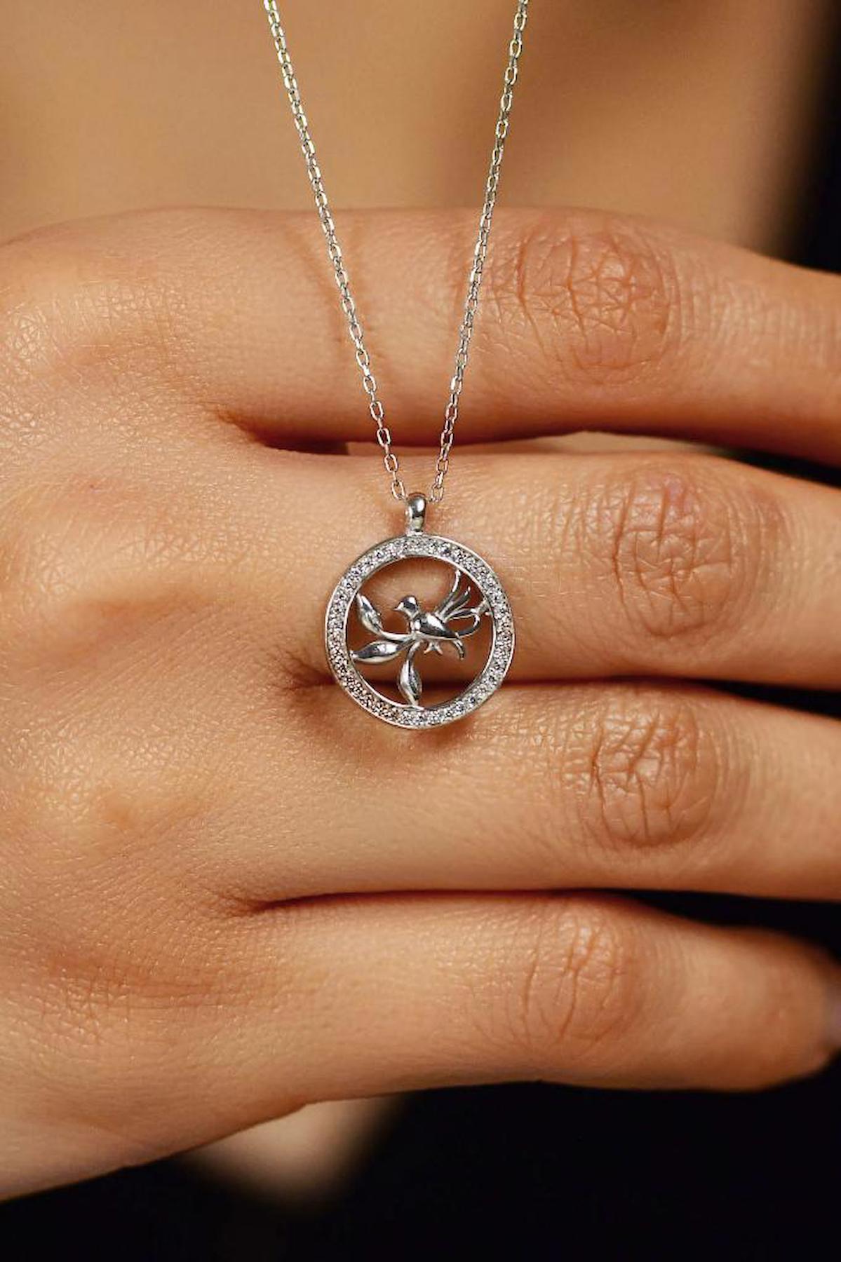Roza Silver Yuvarlak Beyaz Zirkon Taşlı Zincir Forse Zincir Kadın Gümüş Kolye 45 cm