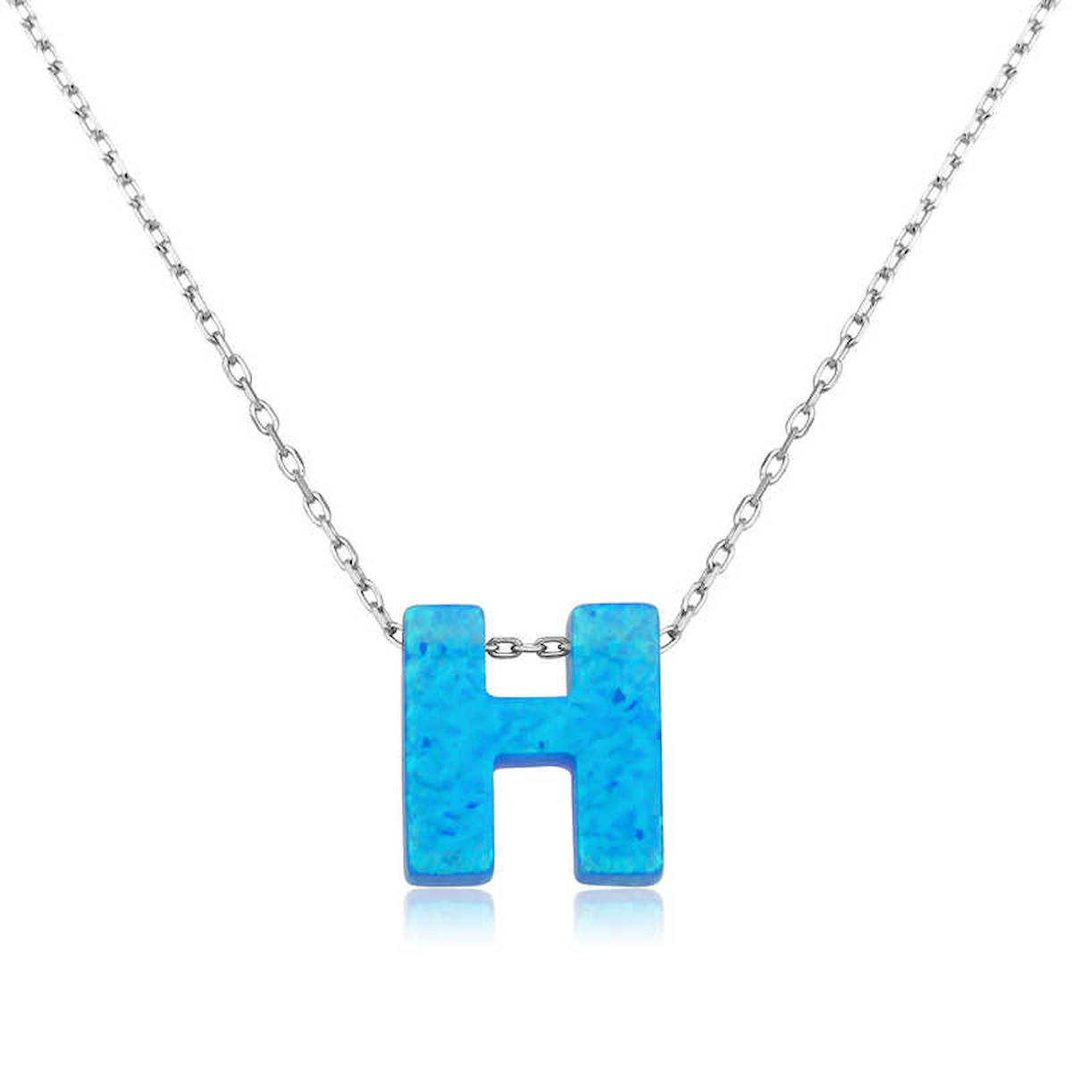 Lucky Life Harfli Mavi Opal Taşlı H Harfli 925 Ayar Kararmayan Forse Zincir Kadın Gümüş Kolye 45 cm