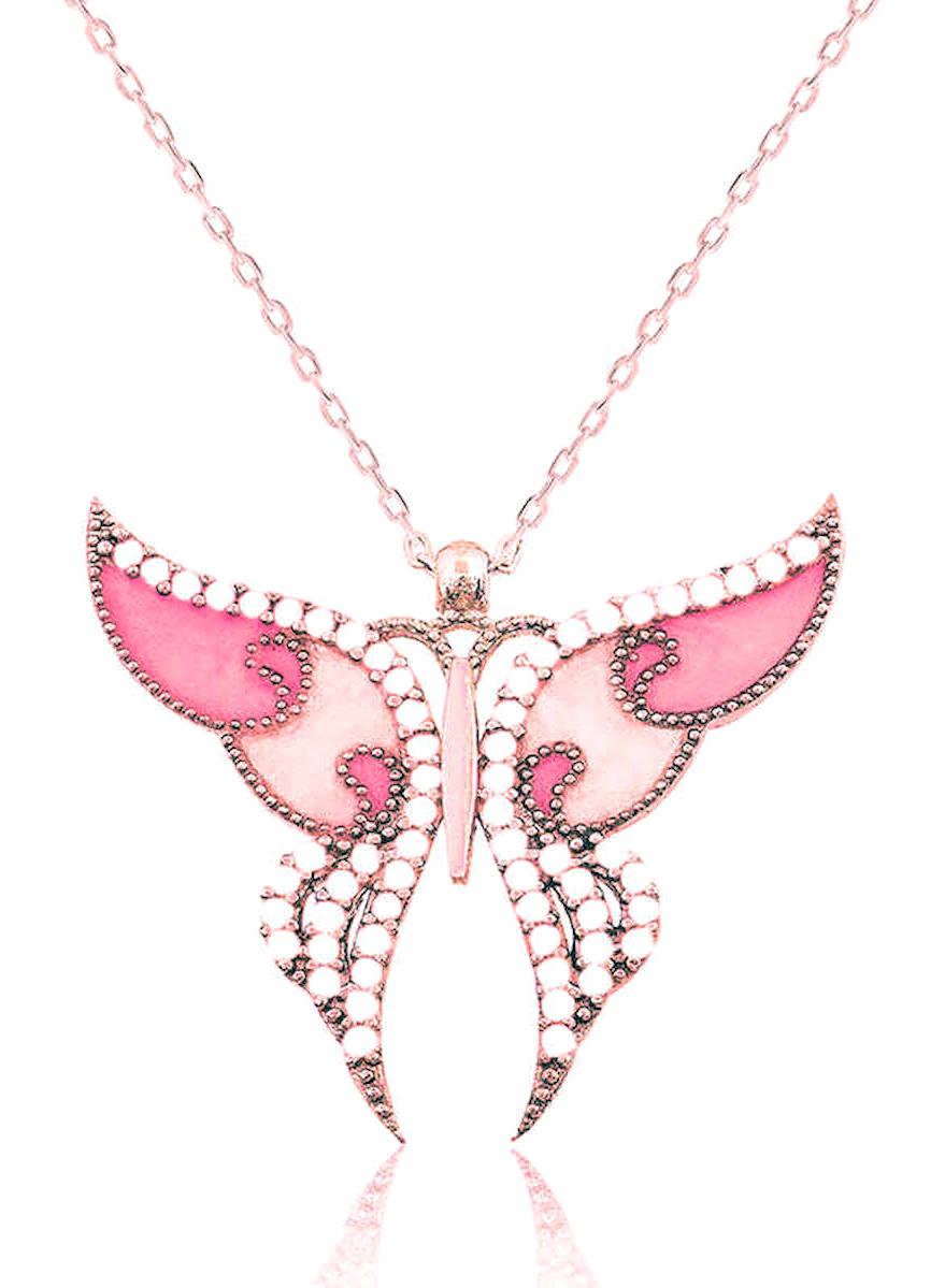 Lucky Life Kelebekli Pembe Zirkon Taşlı 925 Ayar Kararmayan Halat Zincir Kadın Gümüş Kolye 45 cm