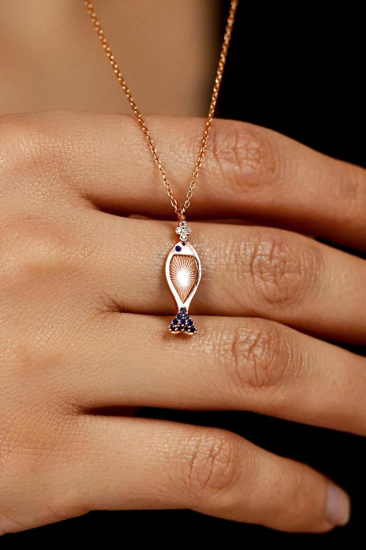 Roza Silver Balık Siyah Zirkon Taşlı Düz Zincir Kadın Gümüş Kolye 45 cm