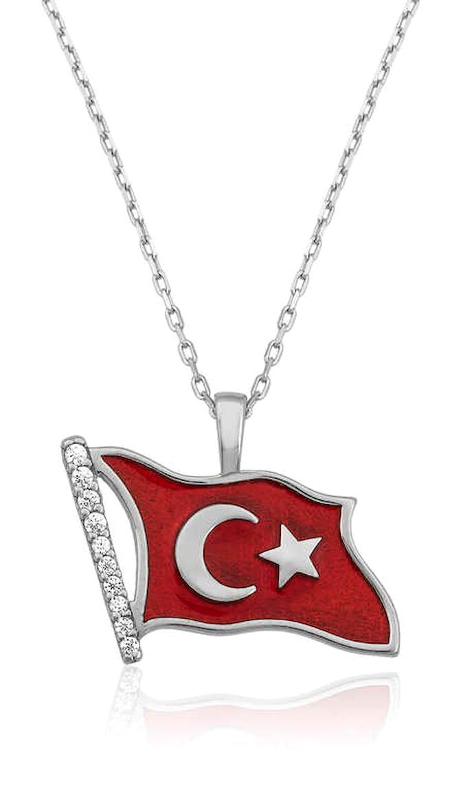 Lucky Life Türk Bayrağı Kırmızı Zirkon Taşlı 925 Ayar Kararmayan Halat Zincir Kadın Gümüş Kolye 45 cm