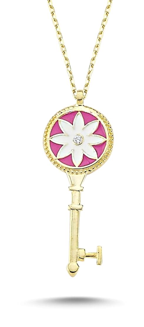 Kutaydan Anahtar Figürlü Beyaz-Pembe Zirkon Taşlı Altın Kaplama Forse Zincir Kadın Gümüş Kolye 45 cm