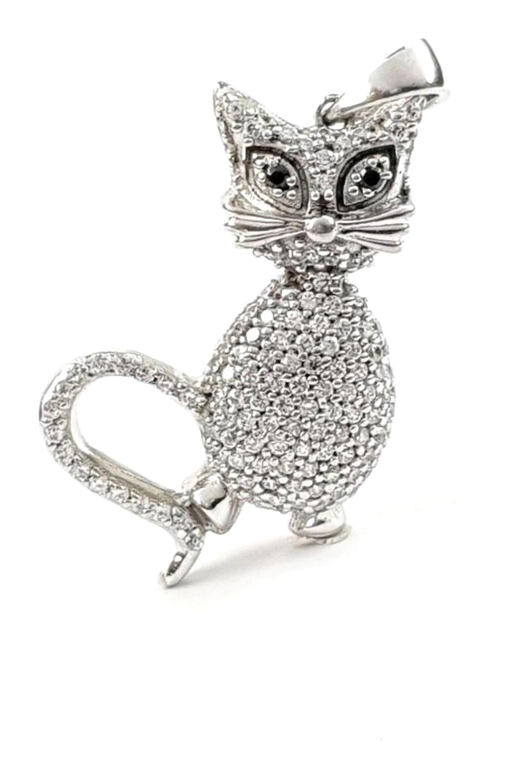 Oseshop Kedili Beyaz Zirkon Taşlı Forse Zincir Kadın Gümüş Kolye