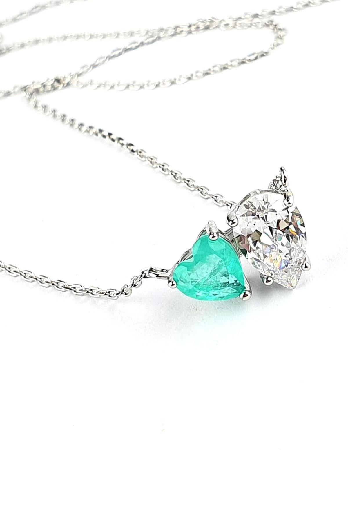 Oseshop Kalpli Yeşil Paraiba Taşlı 925 Ayar Kararmayan Zincir Forse Zincir Kadın Gümüş Kolye 45 cm