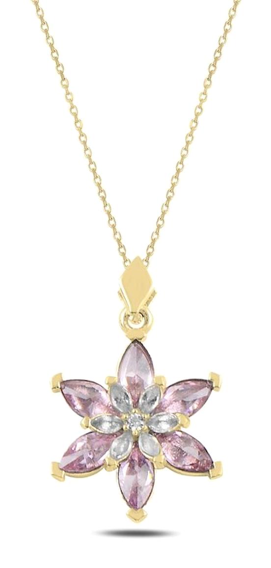 Kutaydan Çiçekli Pembe Zirkon Taşlı Altın Kaplama Lotus Forse Zincir Kadın Gümüş Kolye 45 cm