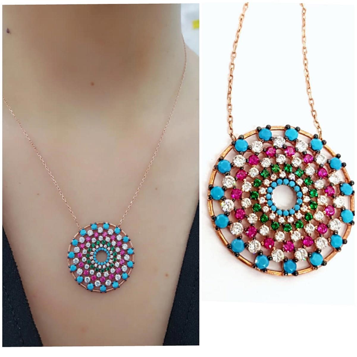 Oseshop Geometrik Çok Renkli Zirkon Taşlı Forse Zincir Kadın Gümüş Kolye 45 cm