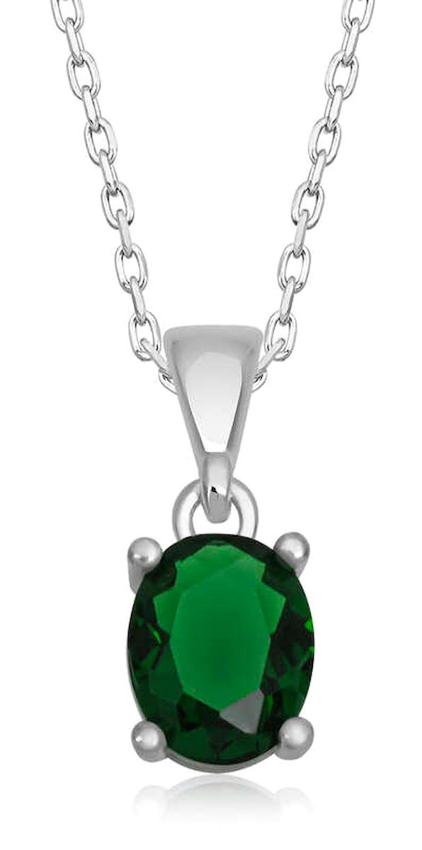 Lucky Life Oval Yeşil Zirkon Taşlı 925 Ayar Kararmayan Zincir Halat Zincir Kadın Gümüş Kolye 45 cm