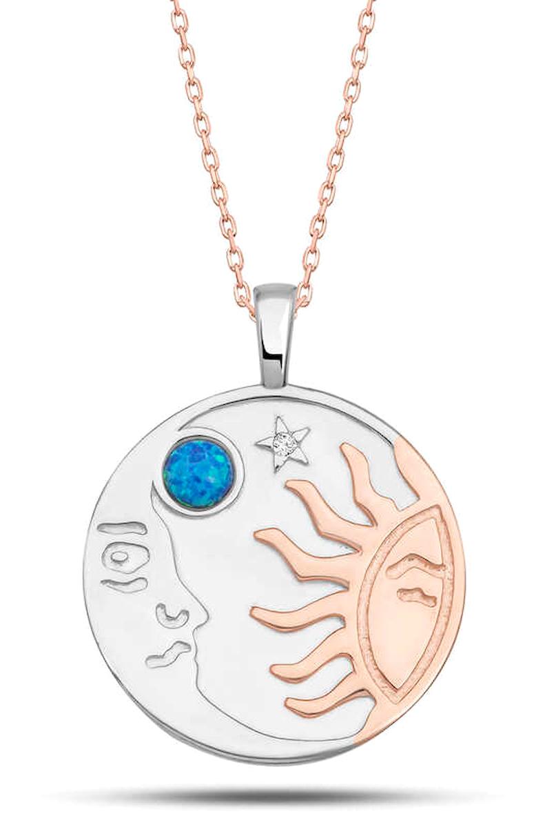 Lucky Life Güneş Mavi Opal Taşlı 925 Ayar Kararmayan Halat Zincir Kadın Gümüş Kolye 45 cm
